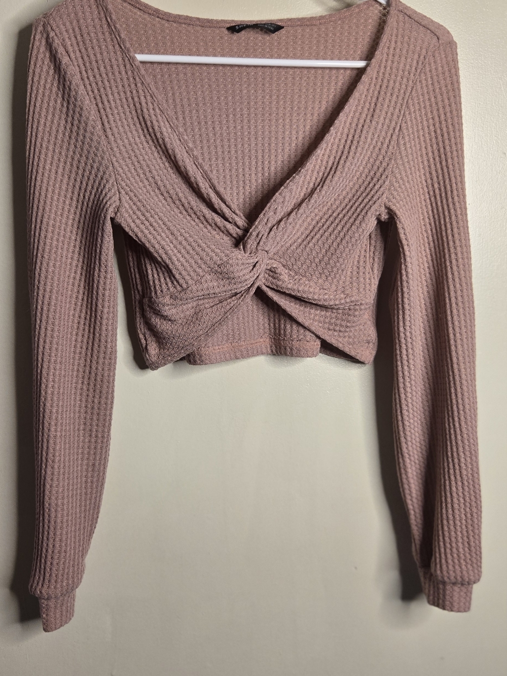 SHEIN Mauve Pink Waffle Knit Twist-Front Long Sleeve Crop Top